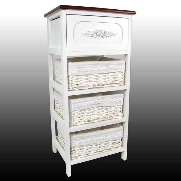 White 1 Drawer, 3 Basket Chest With Polished Top